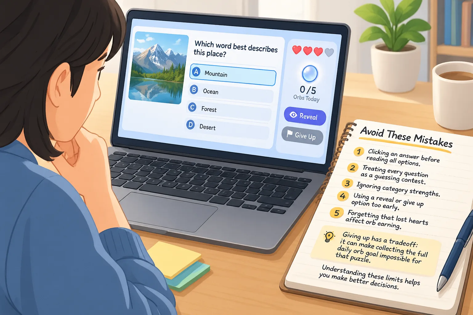close view of a puzzle player comparing answer choices with notes beside a keyboard