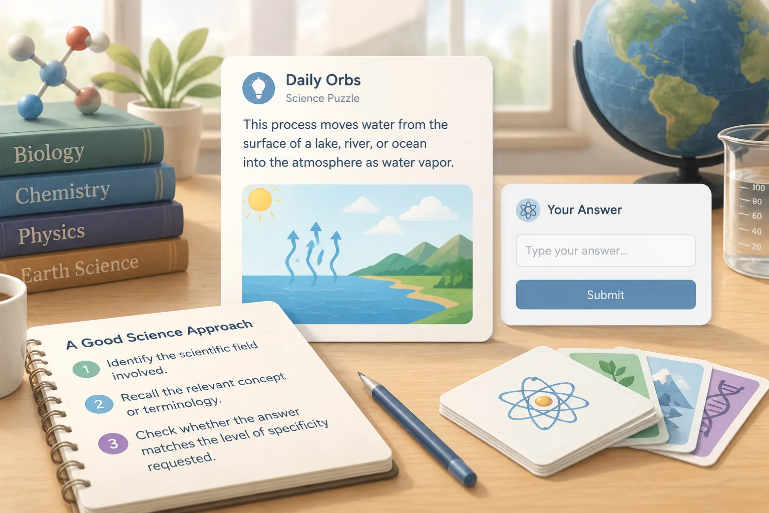 Educational science puzzle scene with diagrams and answer input area