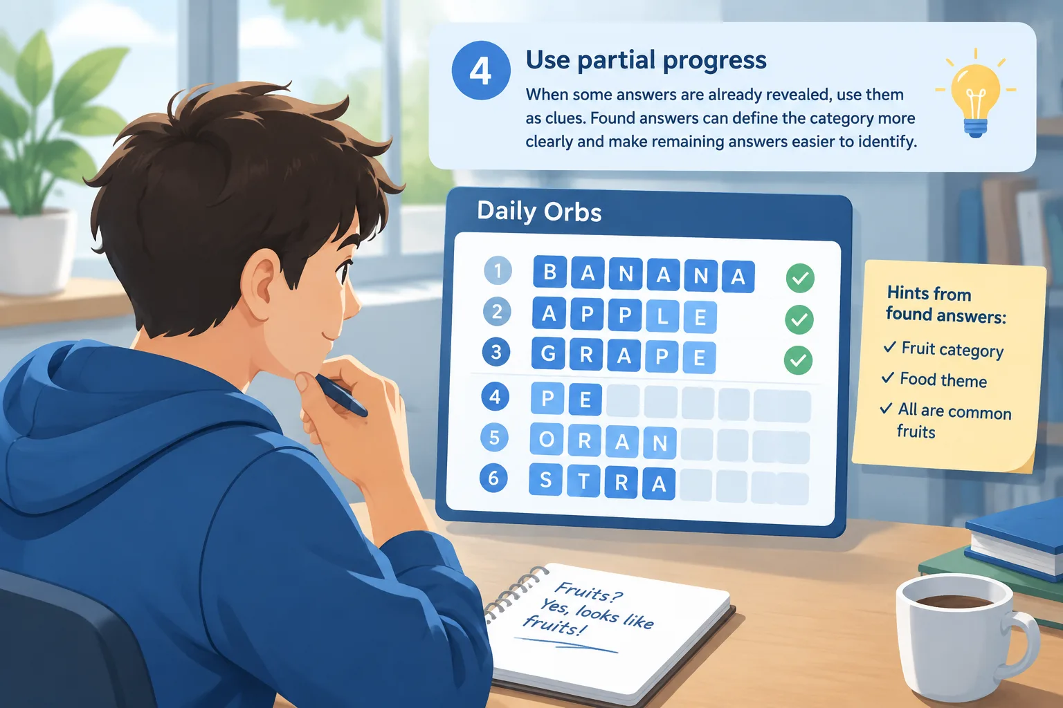 Player solving a multi-answer puzzle with several completed and empty answer slots