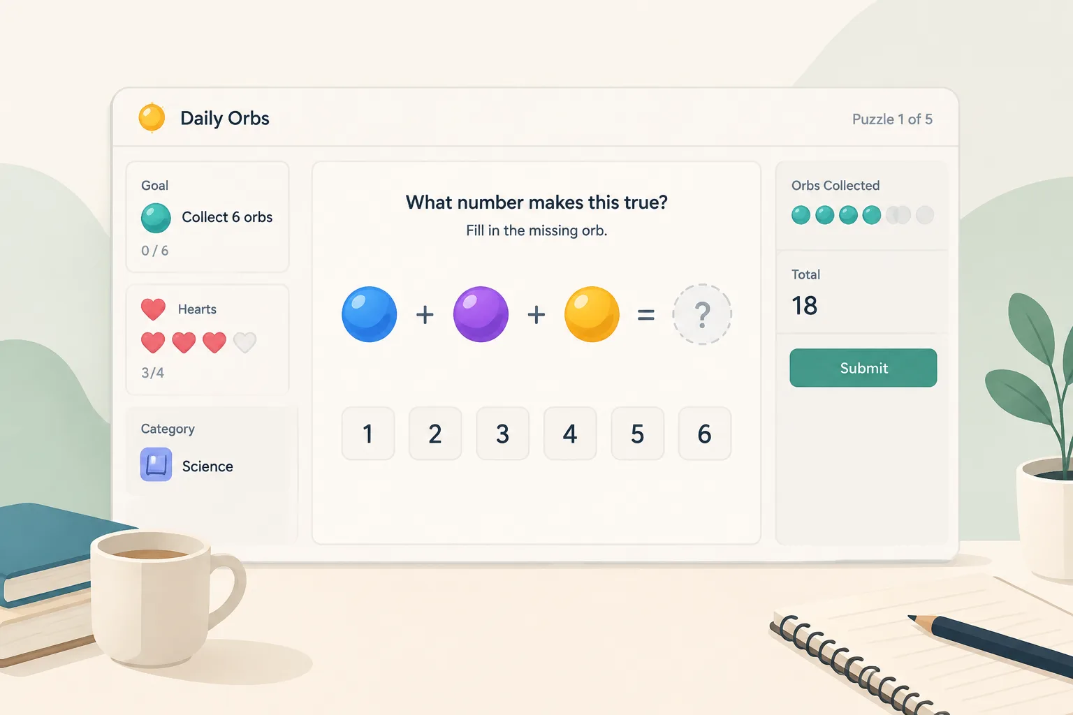 Example screenshot style description of a Daily Orbs puzzle question interface