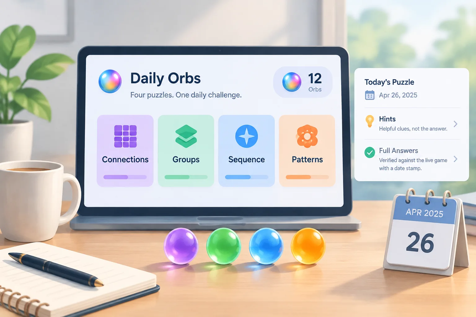 Daily Orbs interface showing the four puzzle categories and orb counter