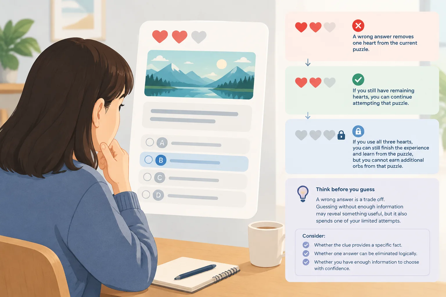 Player reviewing a puzzle question with three heart icons and possible answer choices