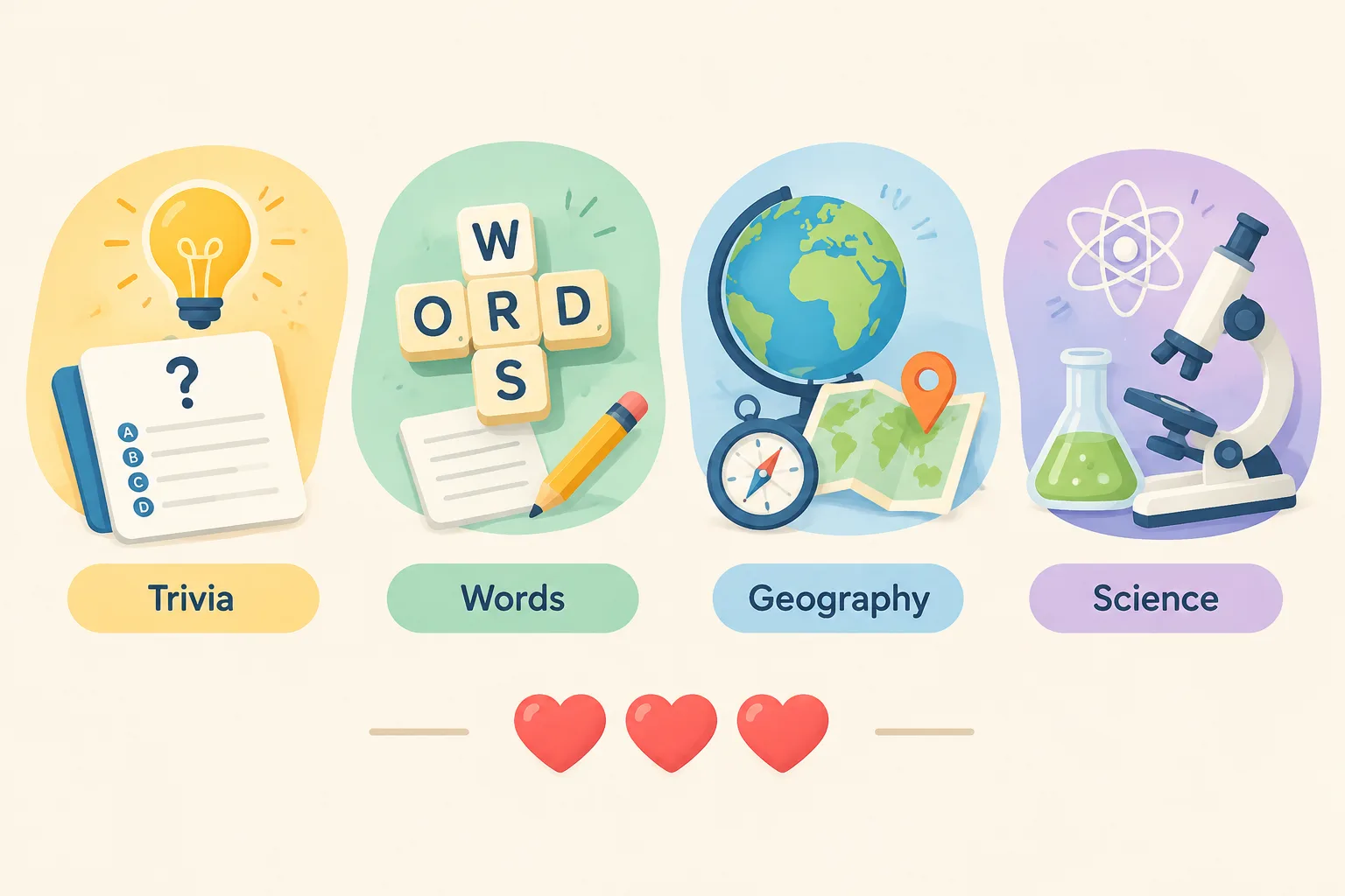 Four puzzle categories represented by simple icons for trivia words geography and science