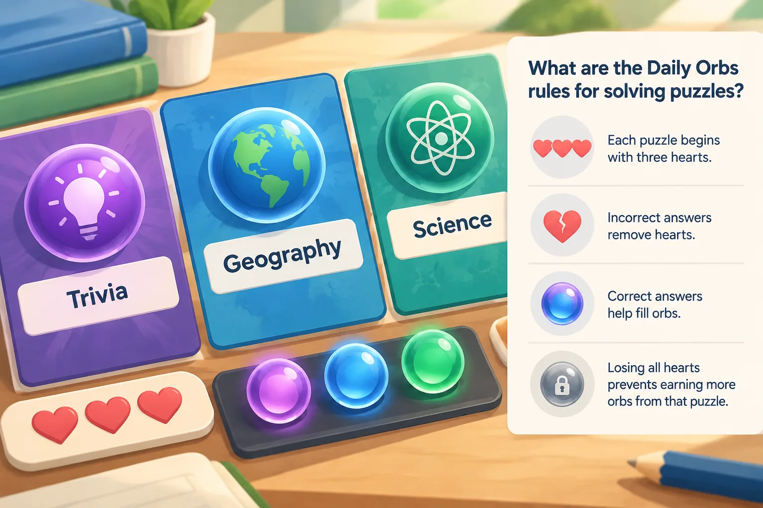 Close-up illustration of puzzle categories labeled trivia words geography and science