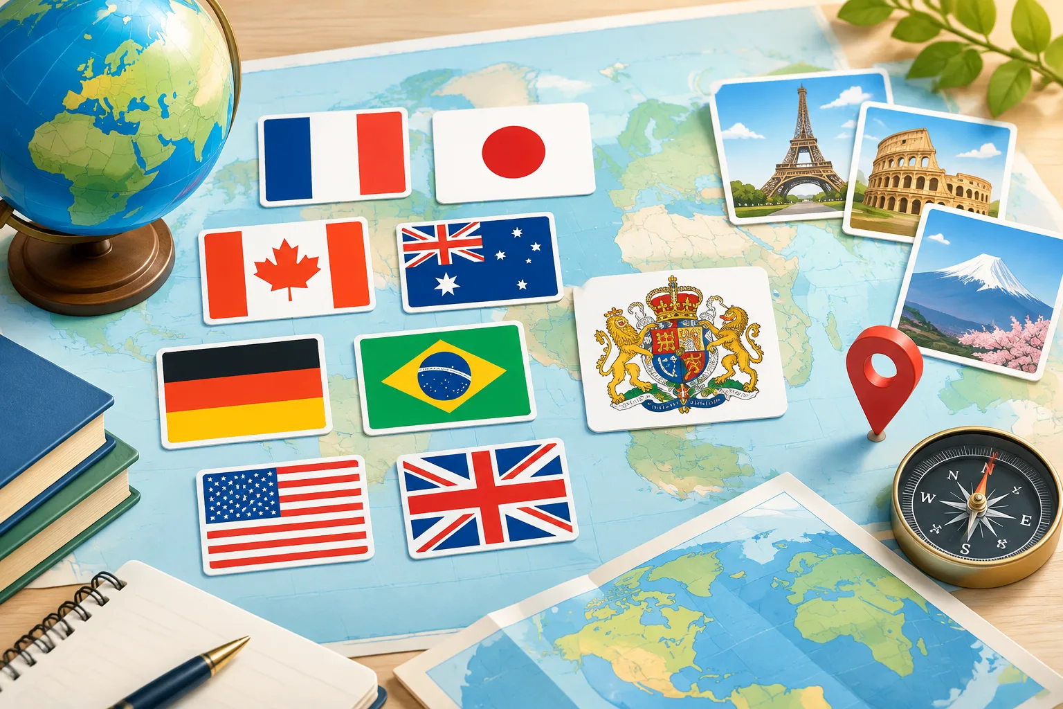 Collection of country flags and geography symbols arranged on a clean map-themed background