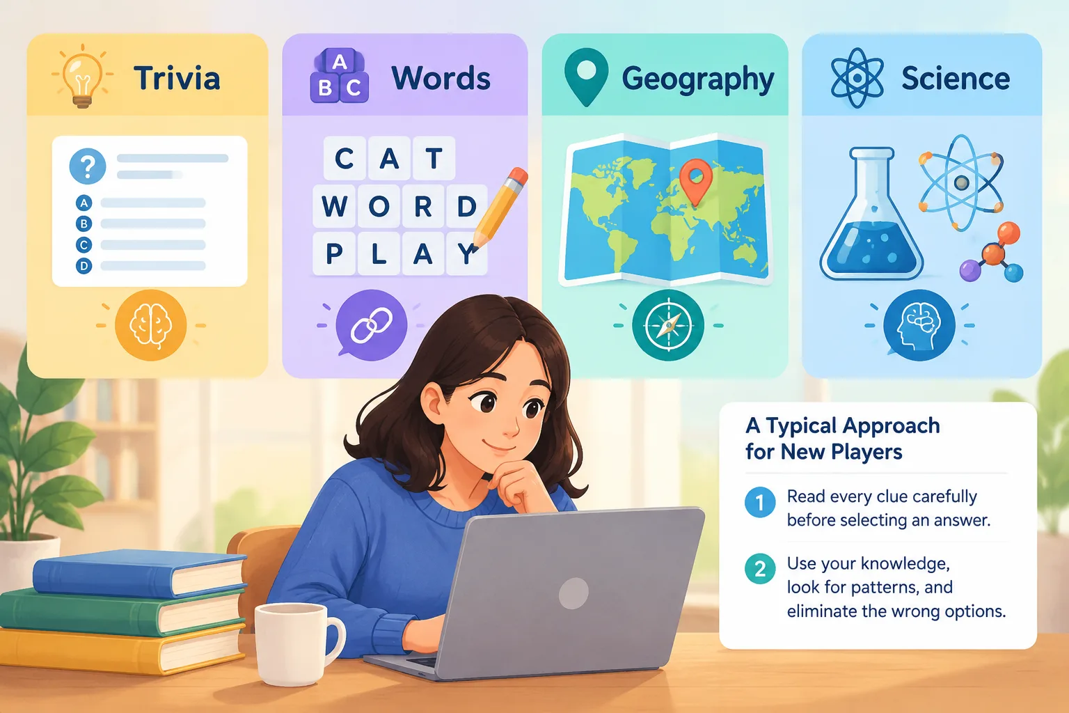 Four-panel illustration showing trivia, words, geography, and science puzzle categories