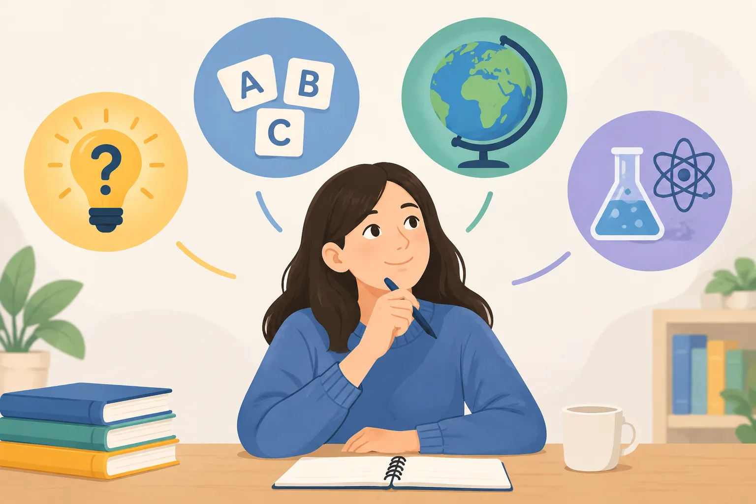 four puzzle categories represented by simple icons for trivia words geography and science
