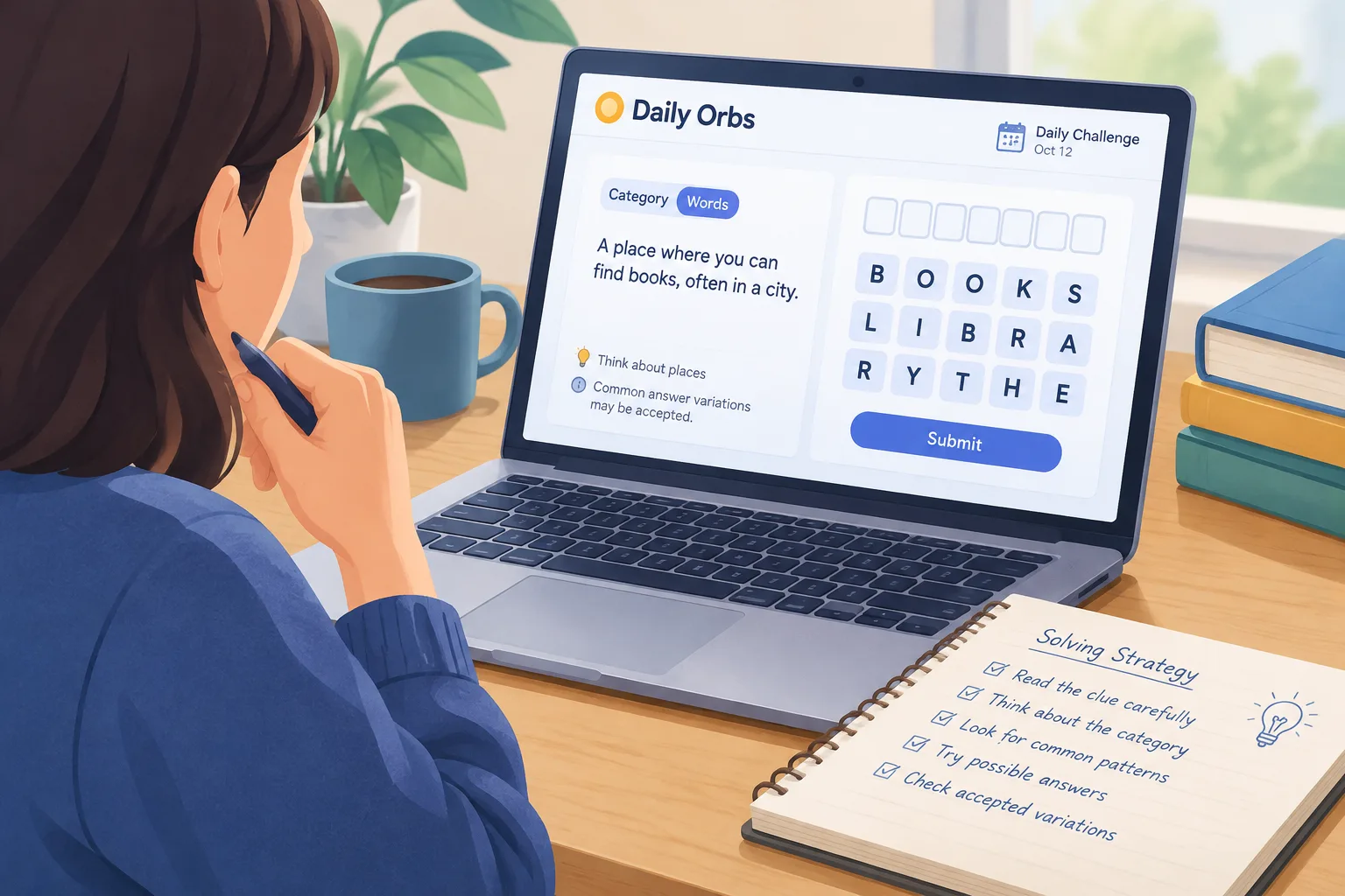 player viewing a daily word puzzle interface on a laptop with notes beside it