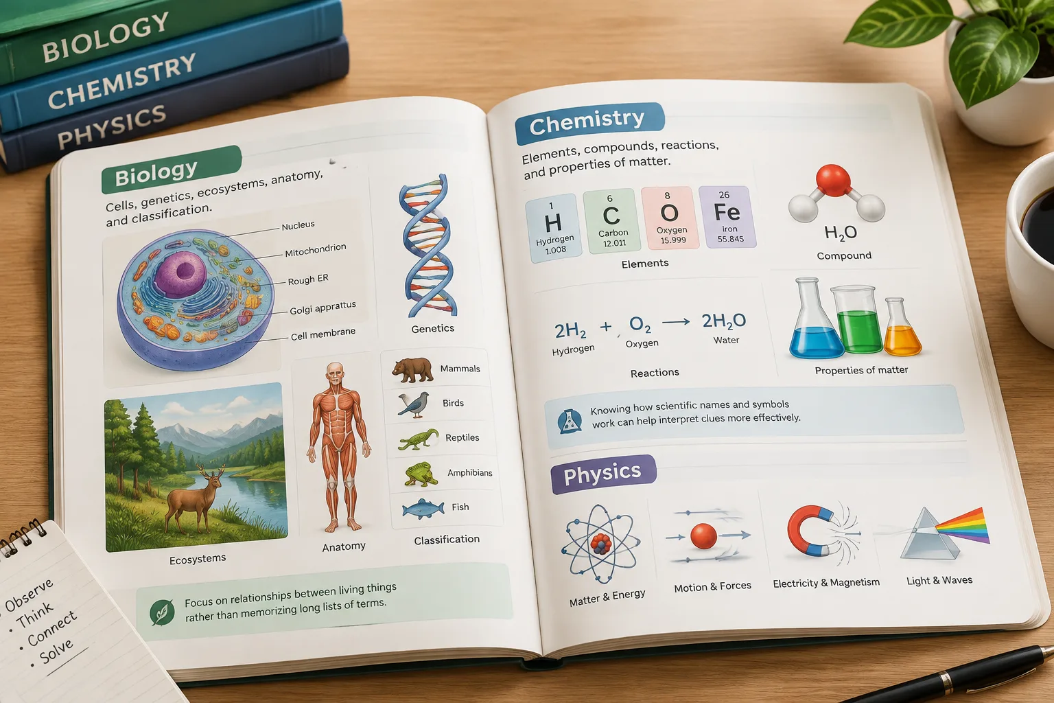 open science textbook pages showing diagrams of cells planets and laboratory equipment