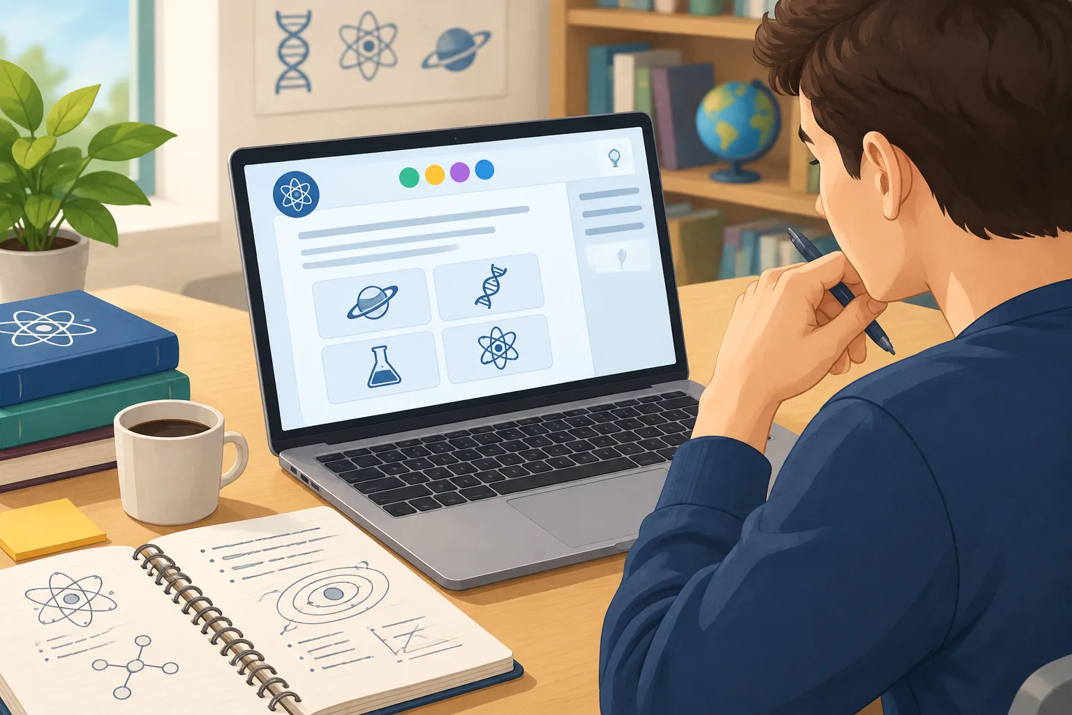 person solving a science themed puzzle on a laptop with notes and simple diagrams nearby
