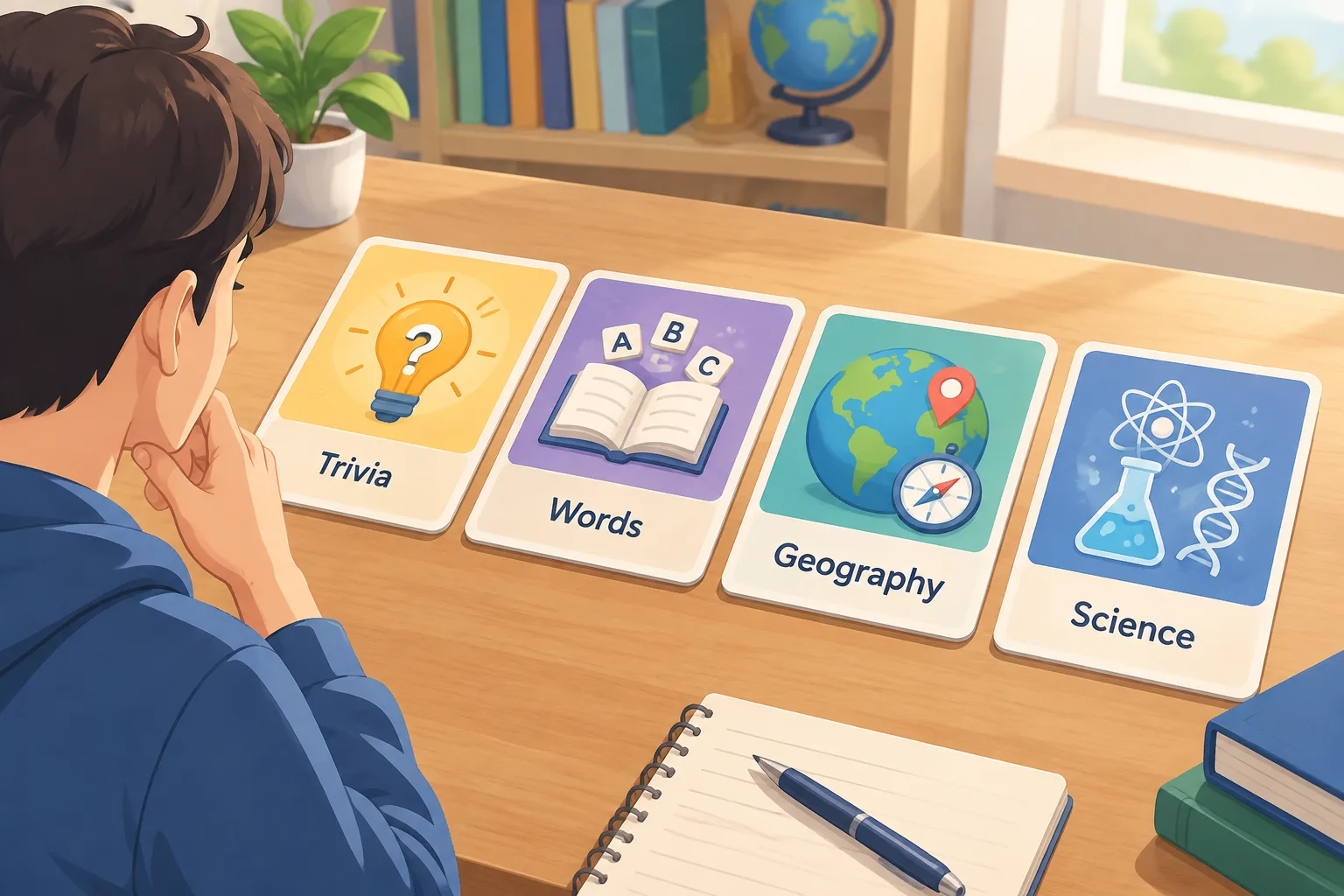 Player viewing four category puzzle cards with icons representing knowledge topics
