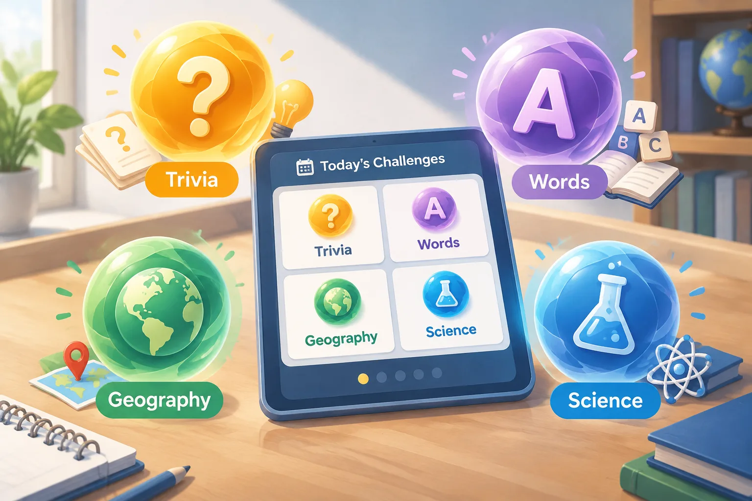Four colorful abstract puzzle orbs arranged around a daily game board interface