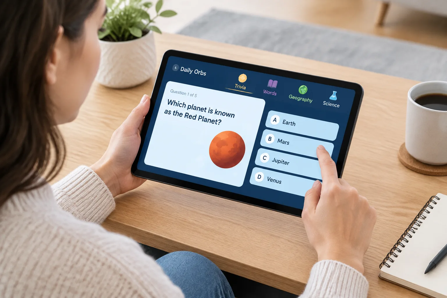 person using a tablet in landscape orientation while solving a puzzle