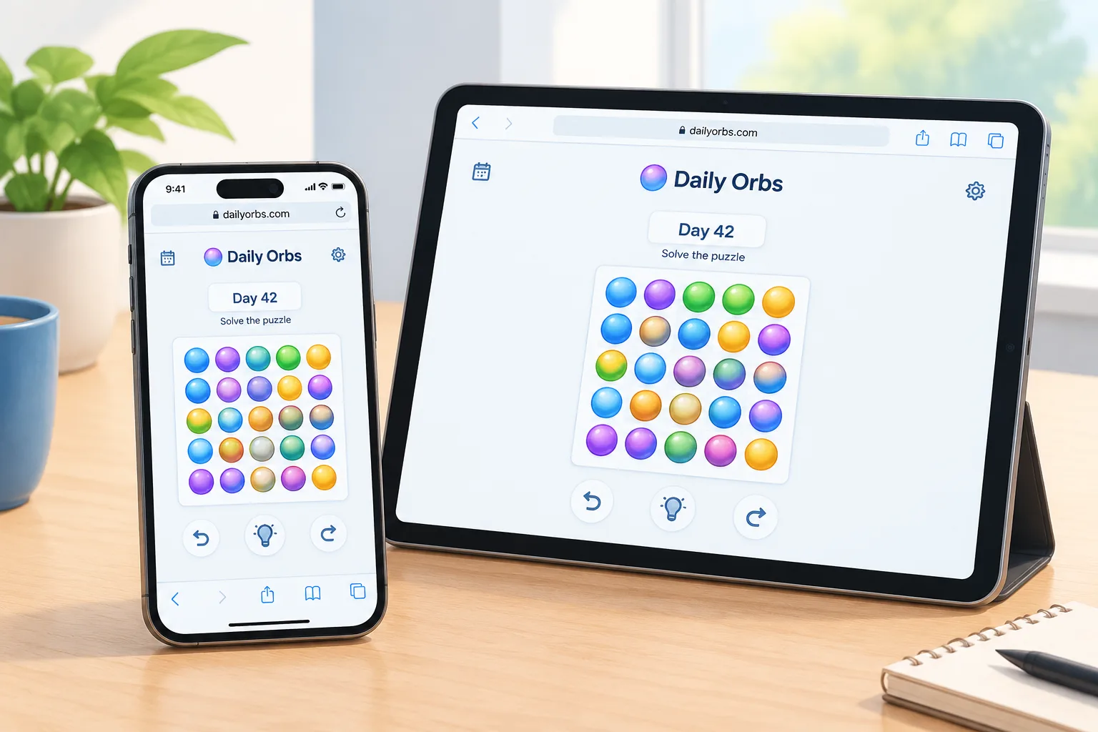 smartphone and tablet displaying a daily puzzle game interface on clean screens