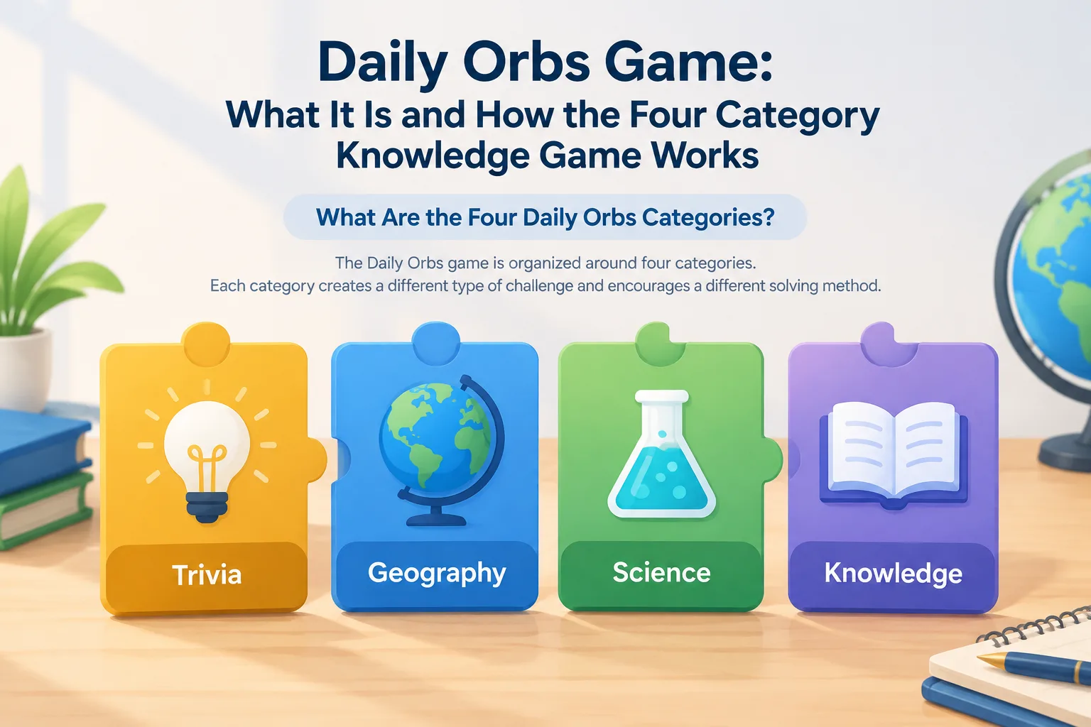 Four separate puzzle cards labeled with icons representing trivia words geography and science