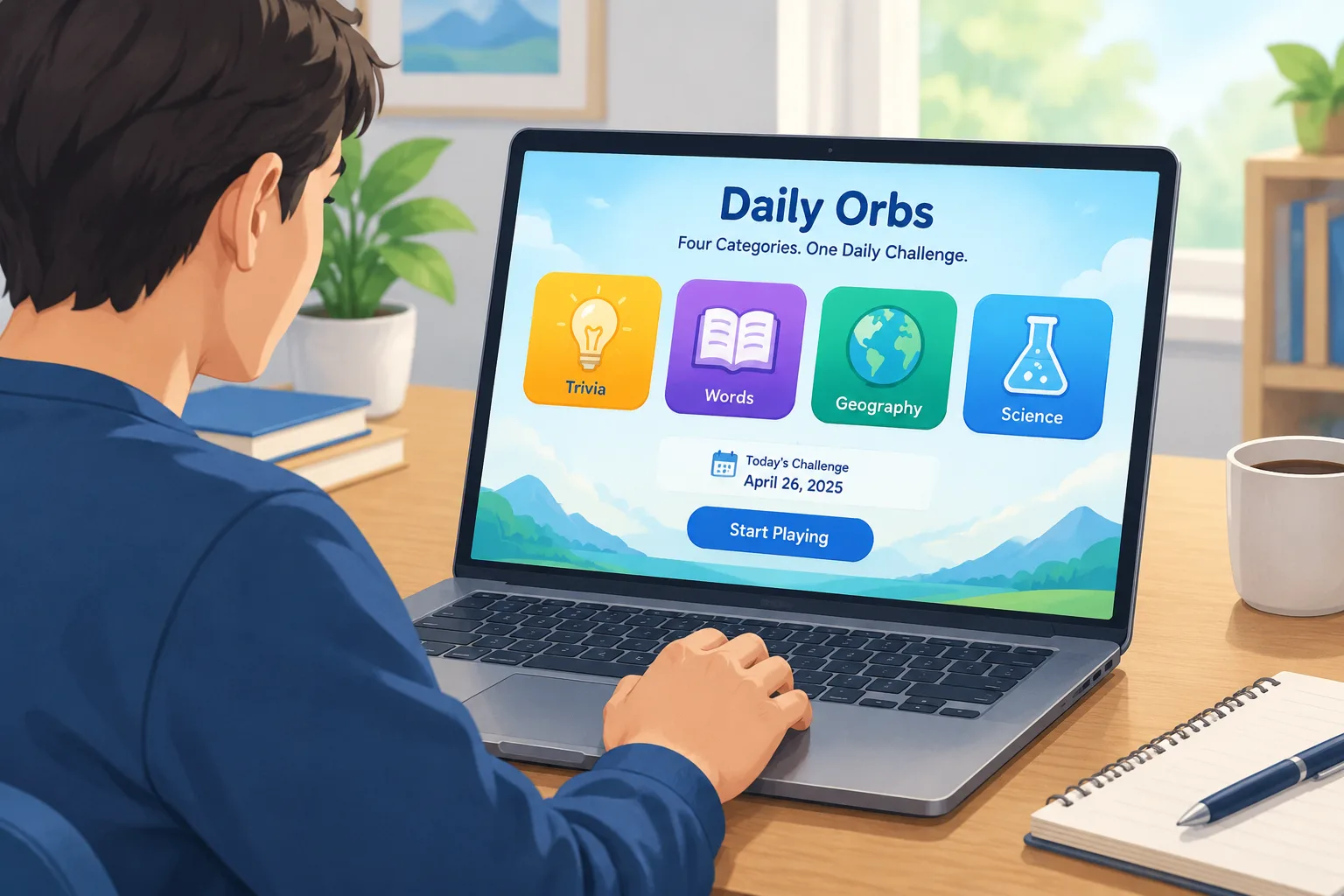 Person playing a browser-based puzzle game with four colorful category icons on a laptop screen