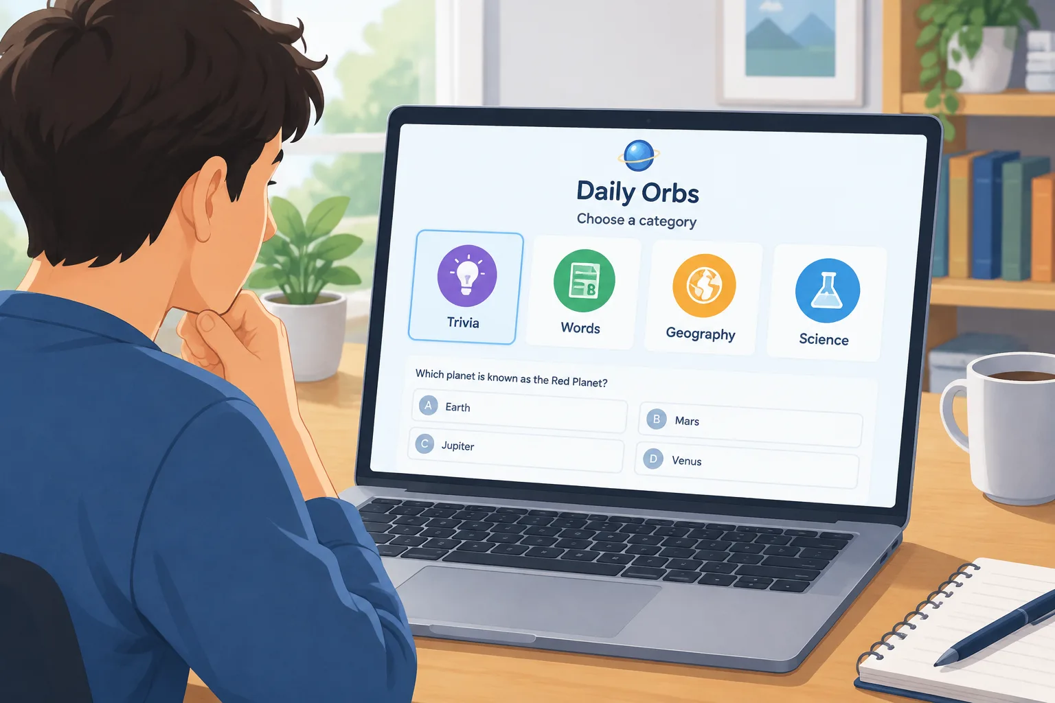 Player solving a browser trivia puzzle with four category icons displayed on a clean interface