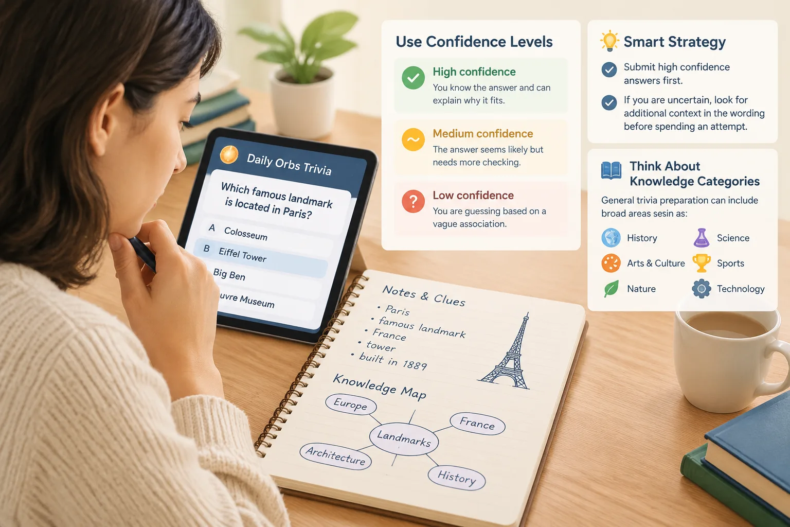 Close-up view of a player comparing trivia clues with notes and a simple knowledge map