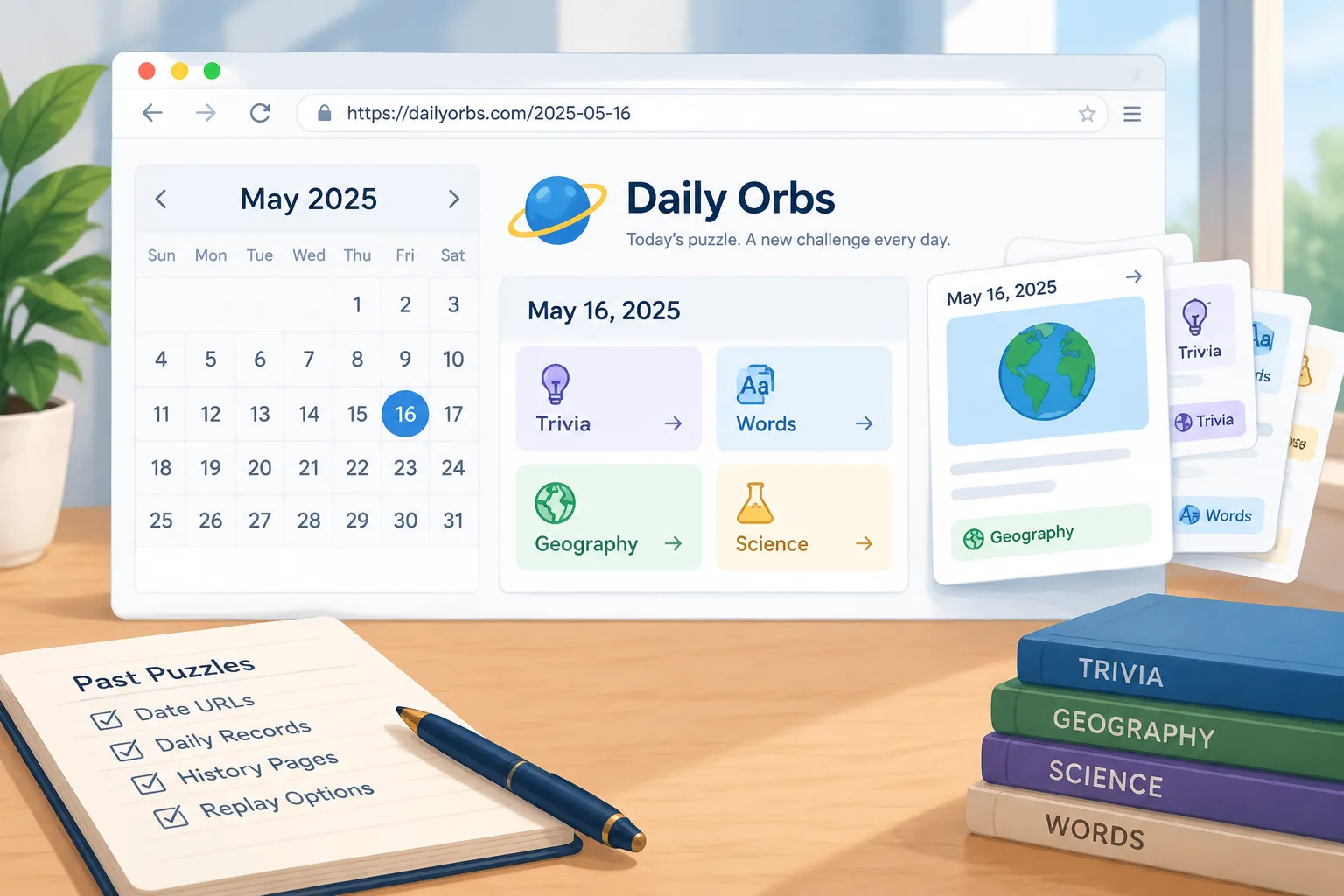 Calendar interface showing dated puzzle pages with a browser address bar and puzzle cards
