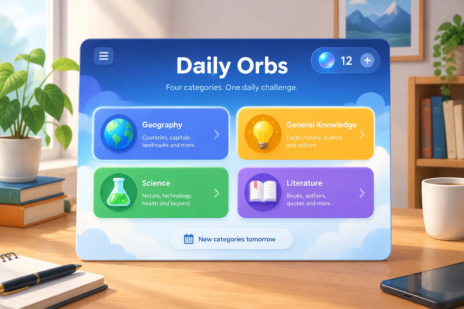 Daily Orbs game interface showing the main menu with orb counter and category buttons