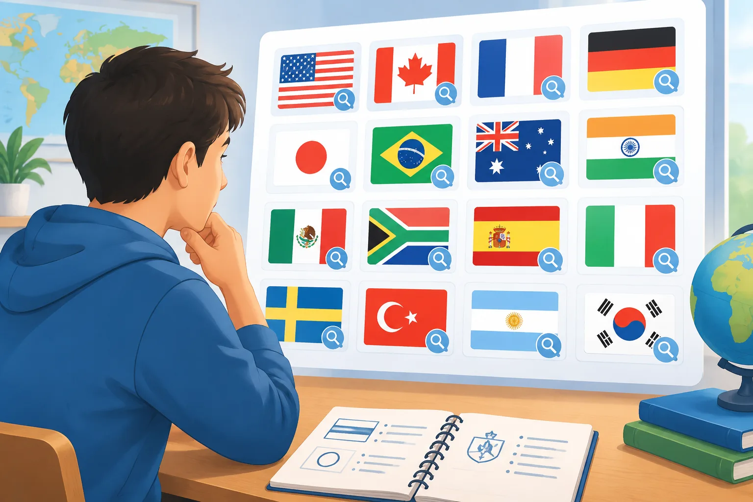 A player studying a grid of country flags with magnifying glass icons