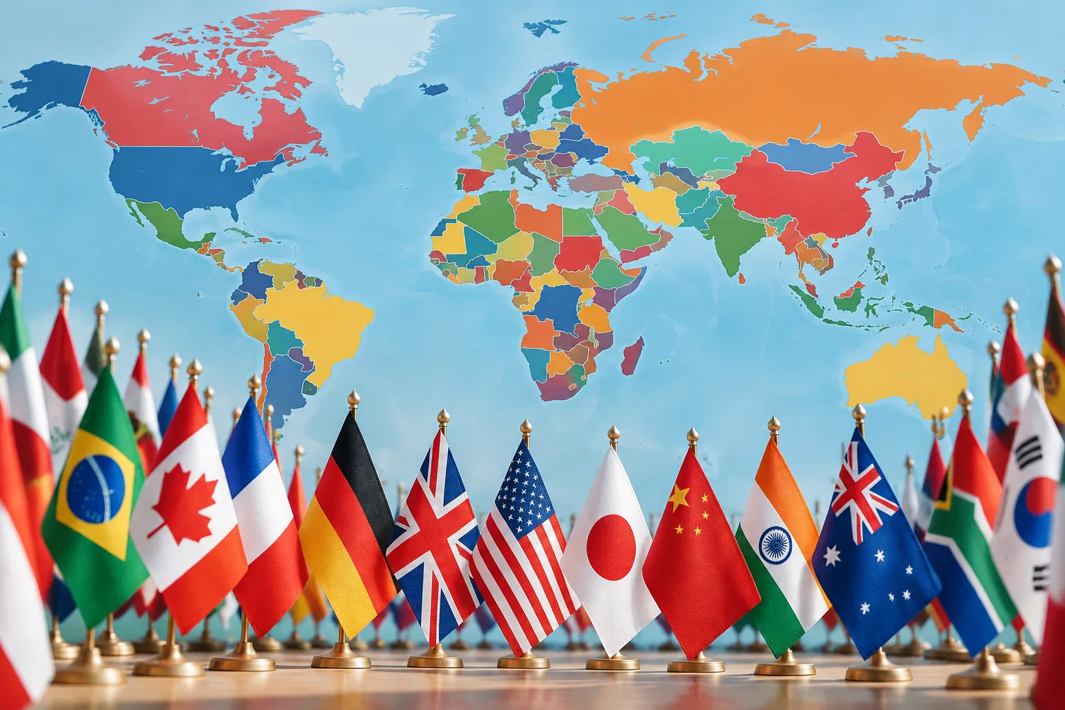 A collection of national flags displayed on a world map with clear shapes and colors
