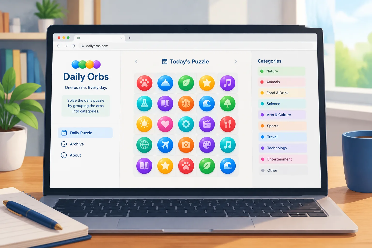 Browser game interface showing a daily puzzle game with colorful orb icons and category labels