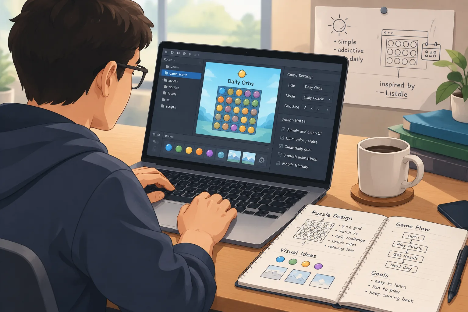 Person working on a laptop with a browser game editor and puzzle design notes on screen