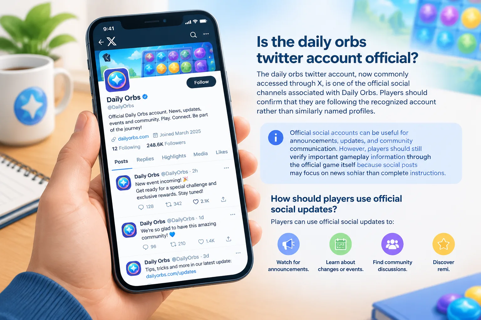 mobile device displaying a social media profile page with a puzzle game logo area and posts list